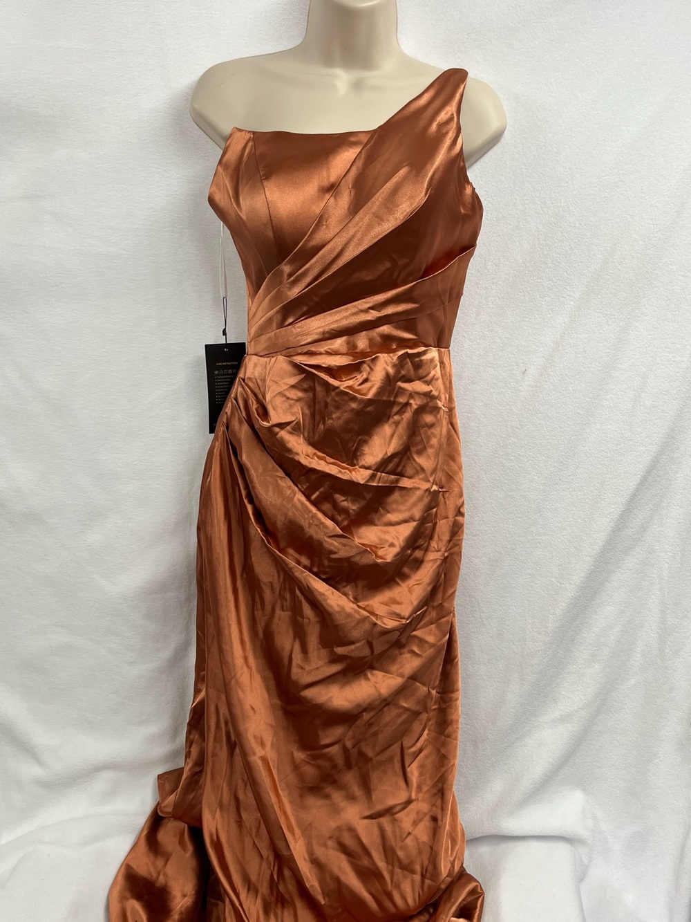 One-Shoulder Copper Satin Draped Evening Dress